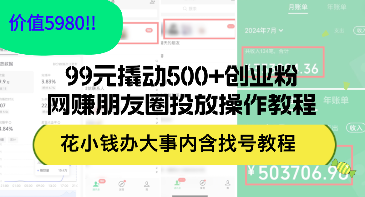 中赚网_（12431期）99元撬动500+创业粉，网赚朋友圈投放操作教程价值5980！花小钱办大事内…